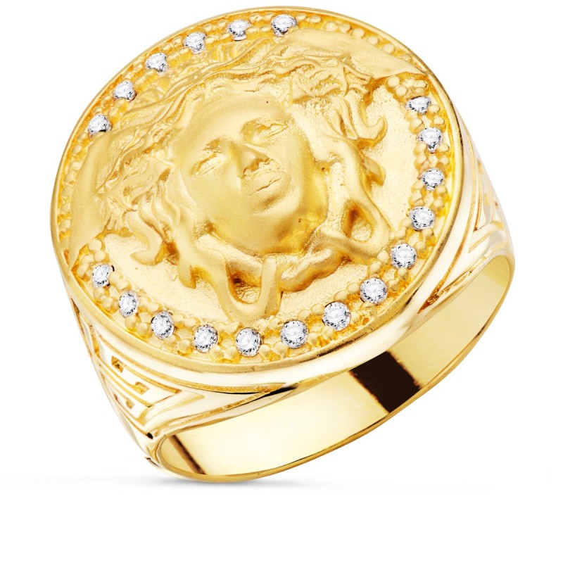 Sello Oro Amarillo Medusa Con Circonita Lateral Greca Ancho 19 mm oro 18k