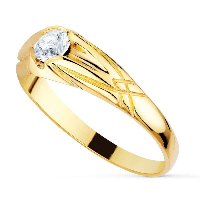 Solitario Oro Amarillo Ancho 7 mm Circonita 5 mm Interior Forrado oro 18k