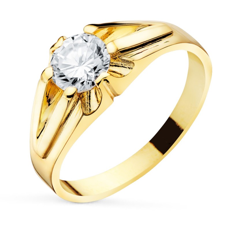 Solitario Oro Amarillo Caballero Ancho 8 mm Circonita 5.5 mm Forrado oro 18k