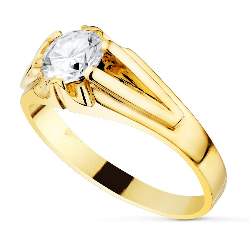 Solitario Oro Amarillo Caballero Ancho 8 mm Circonita 5.5 mm Forrado oro 18k