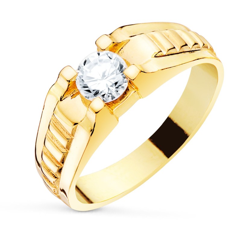 Solitario Oro Amarillo Estrias Caballero Circonita 5.5 mm oro 18k