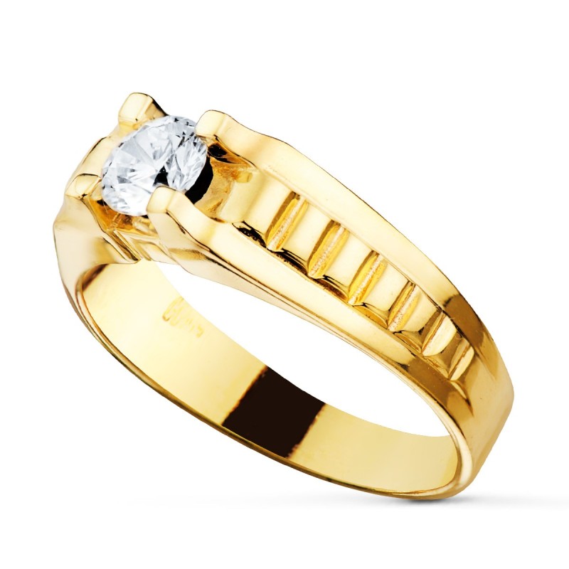 Solitario Oro Amarillo Estrias Caballero Circonita 5.5 mm oro 18k