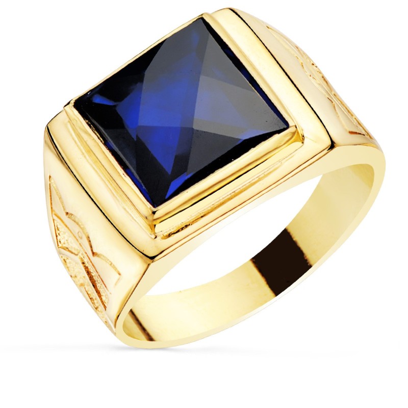 Sello Cuadrado Oro Amarillo Macizo Con Piedra Spinel Zafiro Talla Damero 12X12 mm oro 18k