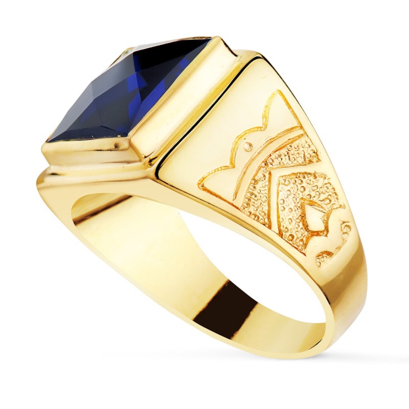 Sello Cuadrado Oro Amarillo Macizo Con Piedra Spinel Zafiro Talla Damero 12X12 mm oro 18k