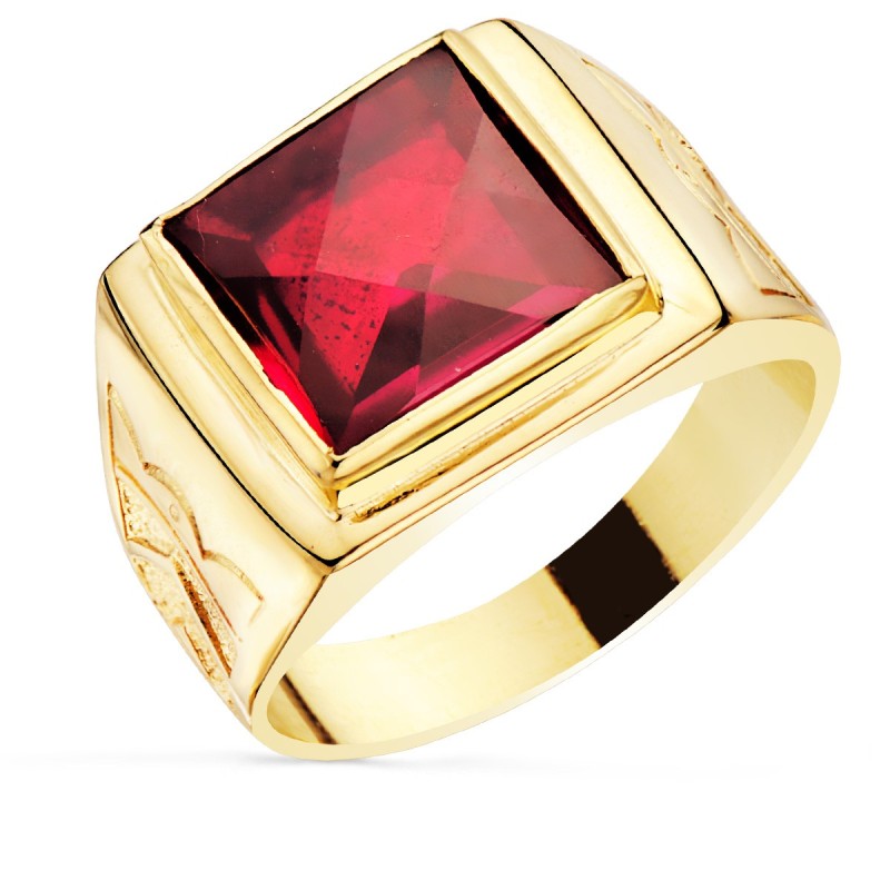 Sello Cuadrado Oro Amarillo Macizo Con Piedra Spinel Rubi Talla Damero 12X12 mm oro 18k