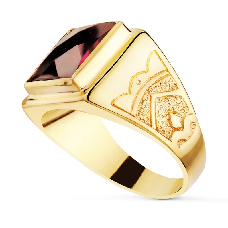 Sello Cuadrado Oro Amarillo Macizo Con Piedra Spinel Rubi Talla Damero 12X12 mm oro 18k