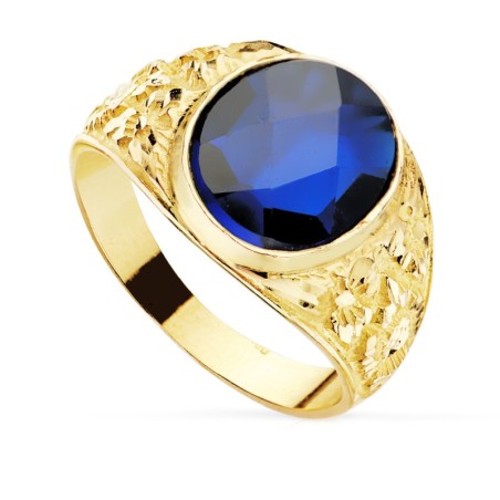 Sello Caballero Tallado Oro Amarillo Macizo Piedra Spinel Zafiro Azul Oval 12 X10 mm oro 18k