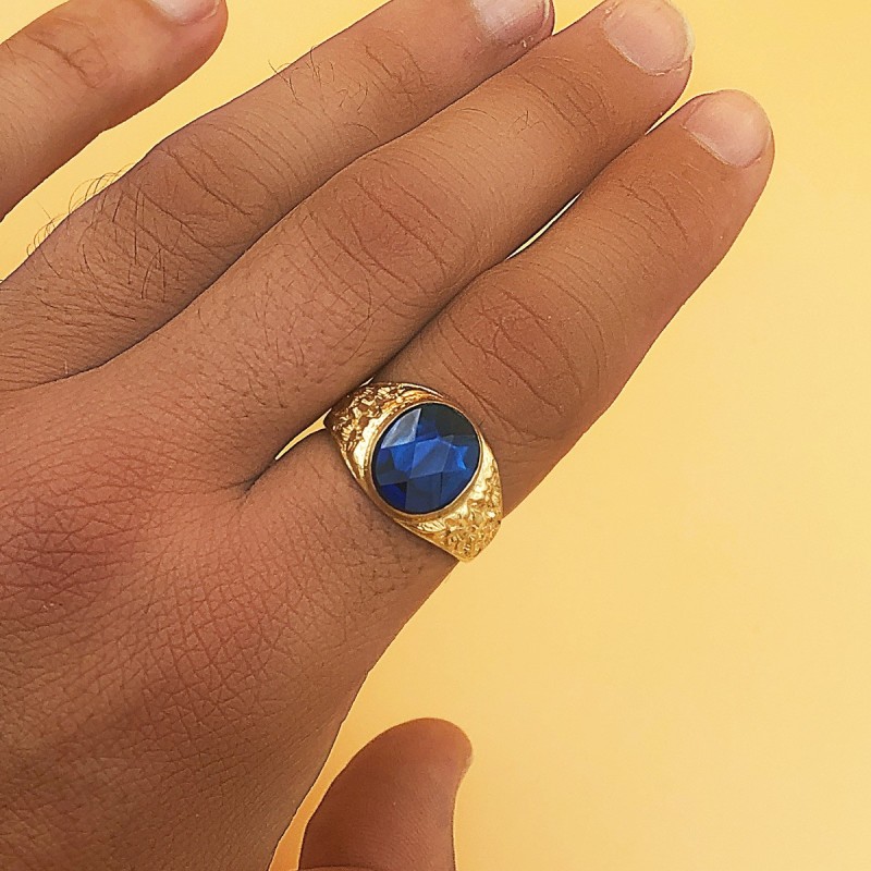 Sello Caballero Tallado Oro Amarillo Macizo Piedra Spinel Zafiro Azul Oval 12 X10 mm oro 18k