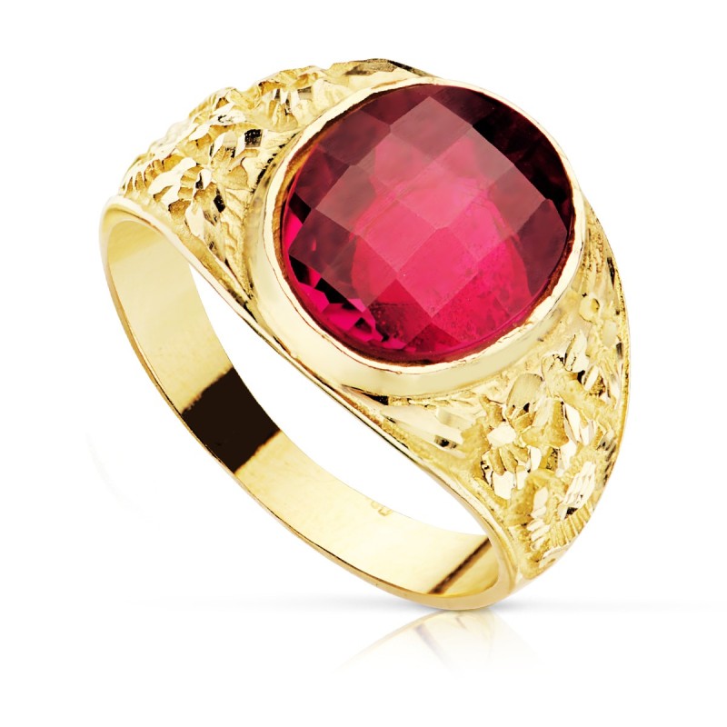Sello Caballero Tallado Oro Amarillo Macizo Piedra Spinel Rubi Oval Damero 12 X10 mm oro 18k
