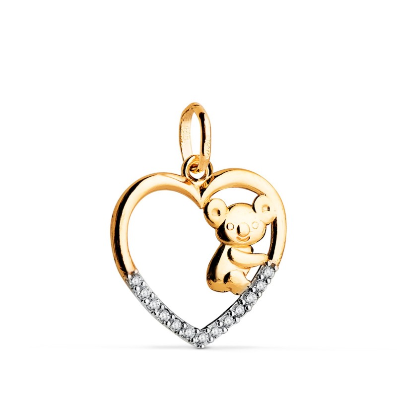 Colgante Oro Bicolor Corazón y koala con circonitas. Medida 16x15 mm. Oro 18k