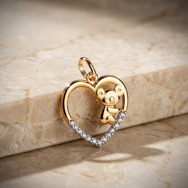 Colgante Oro Bicolor Corazón y koala con circonitas. Medida 16x15 mm. Oro 18k