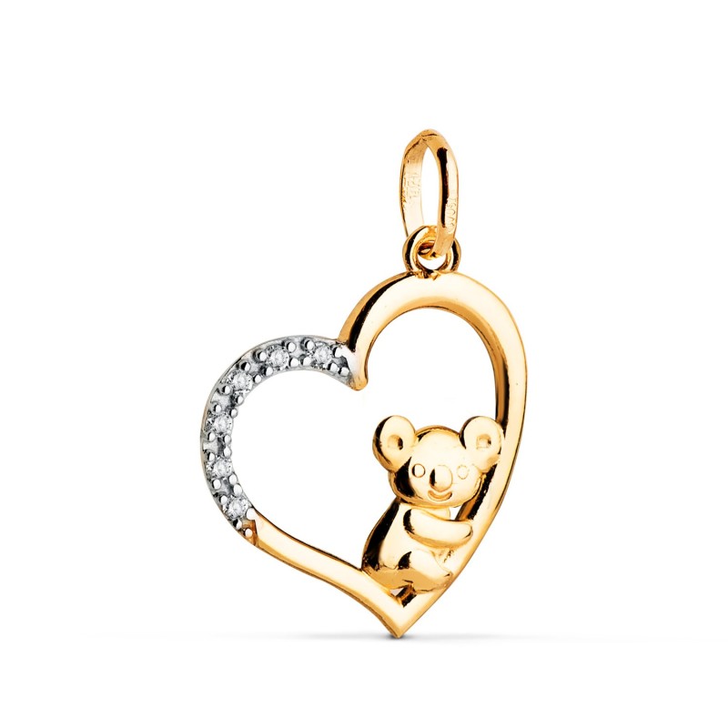 Colgante Oro Bicolor Corazón y koala con circonitas. Medida 19x15 mm. Oro 18k