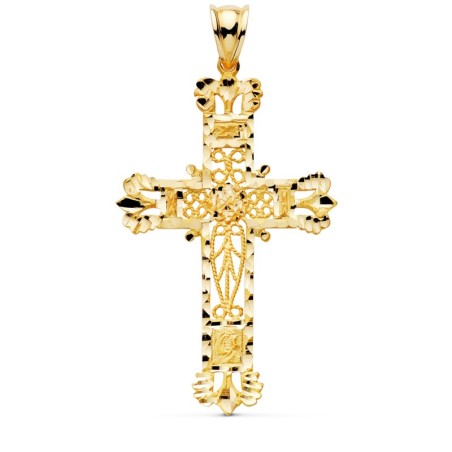 Cruz Oro Amarillo filigrana bordes tallados. 58x35 mm. Oro 18k