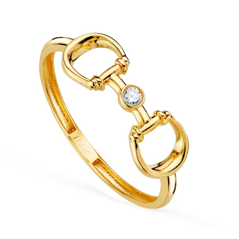 Sortija Oro Amarillo dos estribos con circonita en bocel. Ancho 6mm. Oro 18k