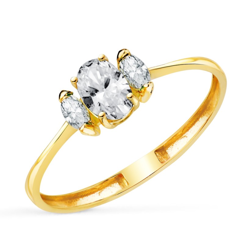 Sortija Oro Amarillo 3 diamantes de laboratorio marquise y oval 6x4 mm. 0,49 qtes. Vs2-E oro 18k