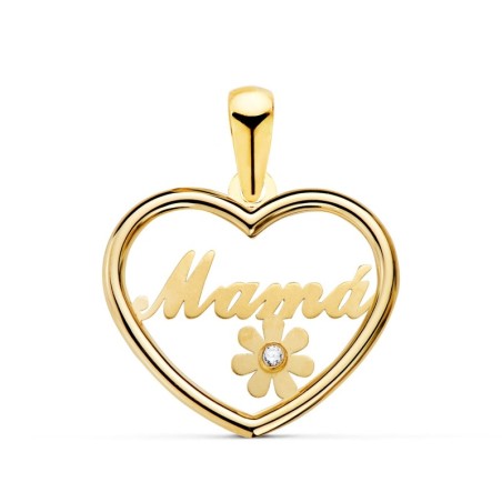 Colgante Oro Amarillo Corazon Con Palabra Mama Con Flor Y Circonita. 19X15Mm oro 18k