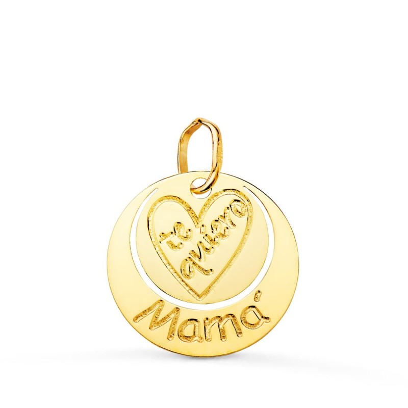 Colgante Oro Amarillo Redondo Te Quiero Mama Corazon Grabado. 14 Mm oro 18k