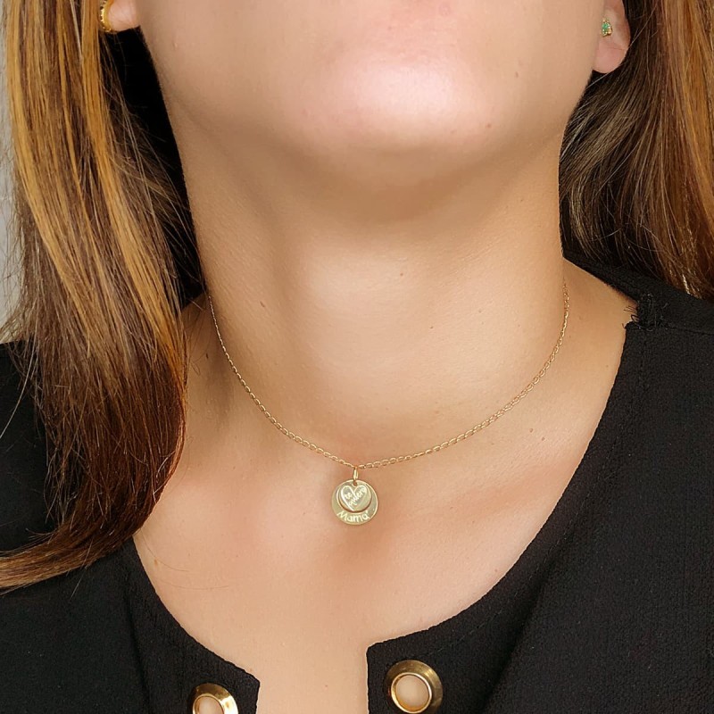 Colgante Oro Amarillo Redondo Te Quiero Mama Corazon Grabado. 14 Mm oro 18k