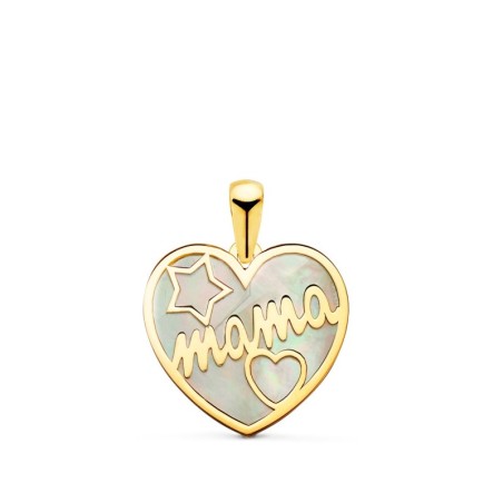 Colgante Corazon Oro Amarillo Con Nacar Mama Y Dibujo De Estrella Y Corazon 16X14Mm oro 18k