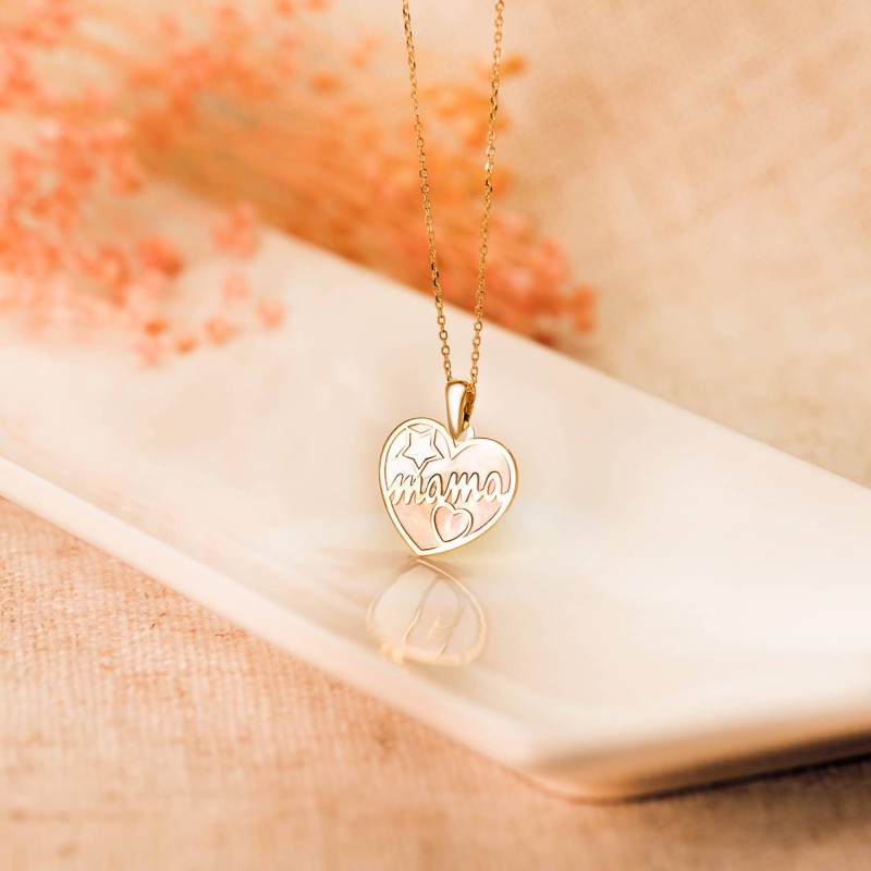Colgante Corazon Oro Amarillo Con Nacar Mama Y Dibujo De Estrella Y Corazon 16X14Mm oro 18k