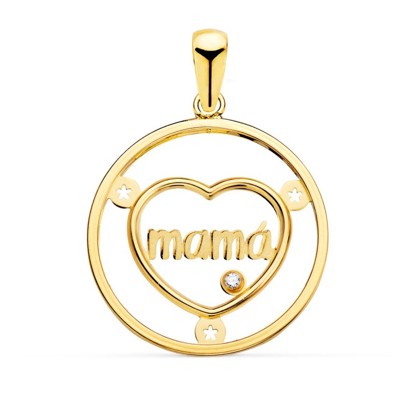 Colgante Oro Amarillo Corazon Con Mama Y Circonita Redondo 20Mm oro 18k