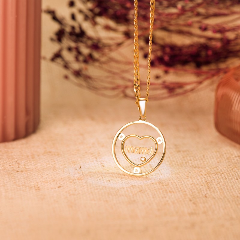 Colgante Oro Amarillo Corazon Con Mama Y Circonita Redondo 20Mm oro 18k