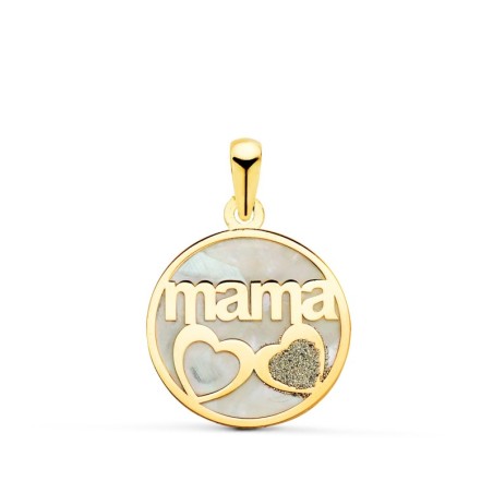 Colgante De Nacar Oro Amarillo Mama Y Corazon Con Polvo De Diamante 16Mm oro 18k