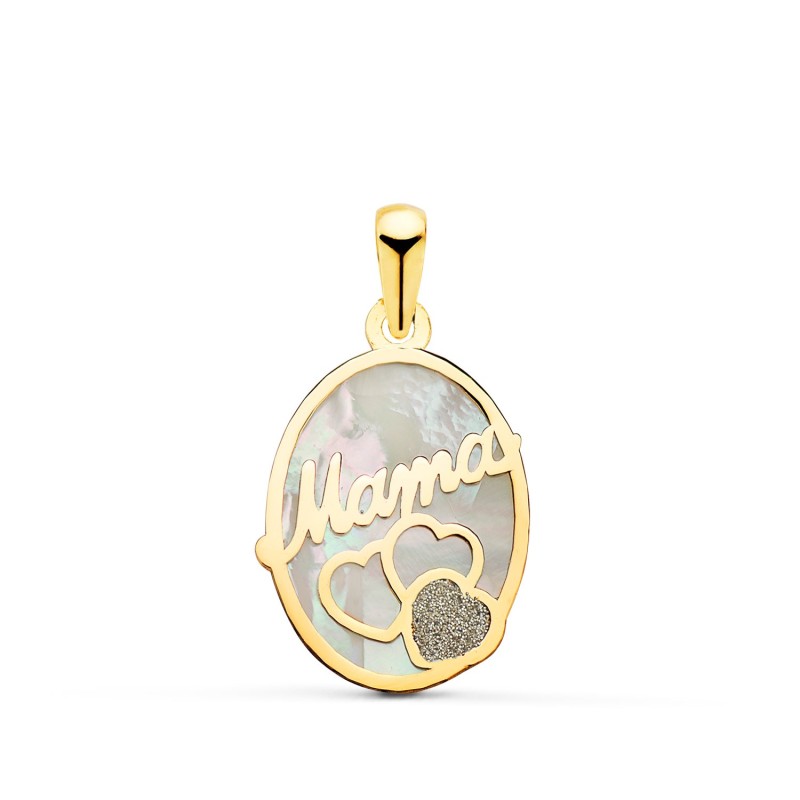 Colgante De Nacar Ovaloro Amarillo Mama Con Corazones Y Polvo De Diamante 17X13Mm oro 18k