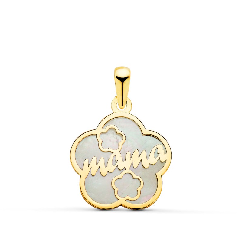 Colgante De Nacar Oro Amarillo Forma De Flor Y Mama Con Corazones 15X15Mm oro 18k