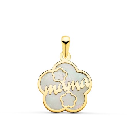 Colgante De Nacar Oro Amarillo Forma De Flor Y Mama Con Corazones 15X15Mm oro 18k