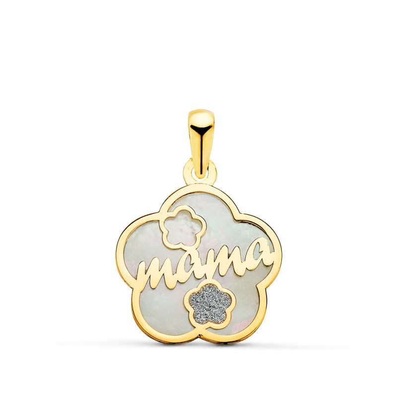 Colgante De Nacar Oro Amarillo Forma De Flor Y Mama Con Corazon Y Polvo Diamante 15X15Mm oro 18k