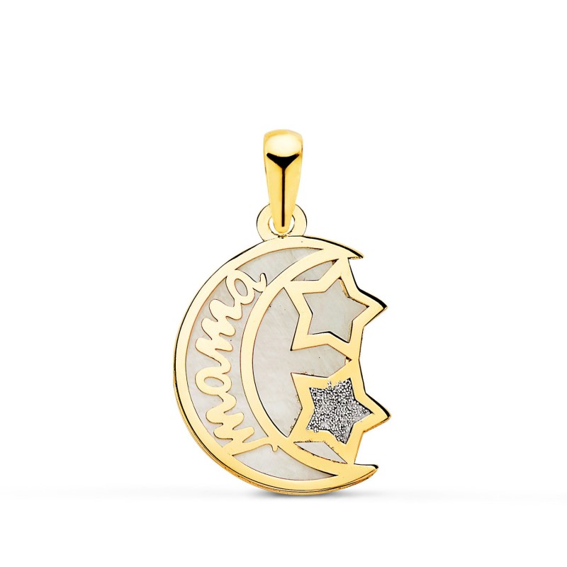Colgante De Oro Amarillo Nacar Forma De Luna Y Mama Con Estrellas 16X13Mm oro 18k