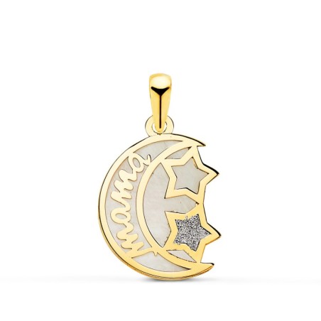 Colgante De Oro Amarillo Nacar Forma De Luna Y Mama Con Estrellas 16X13Mm oro 18k