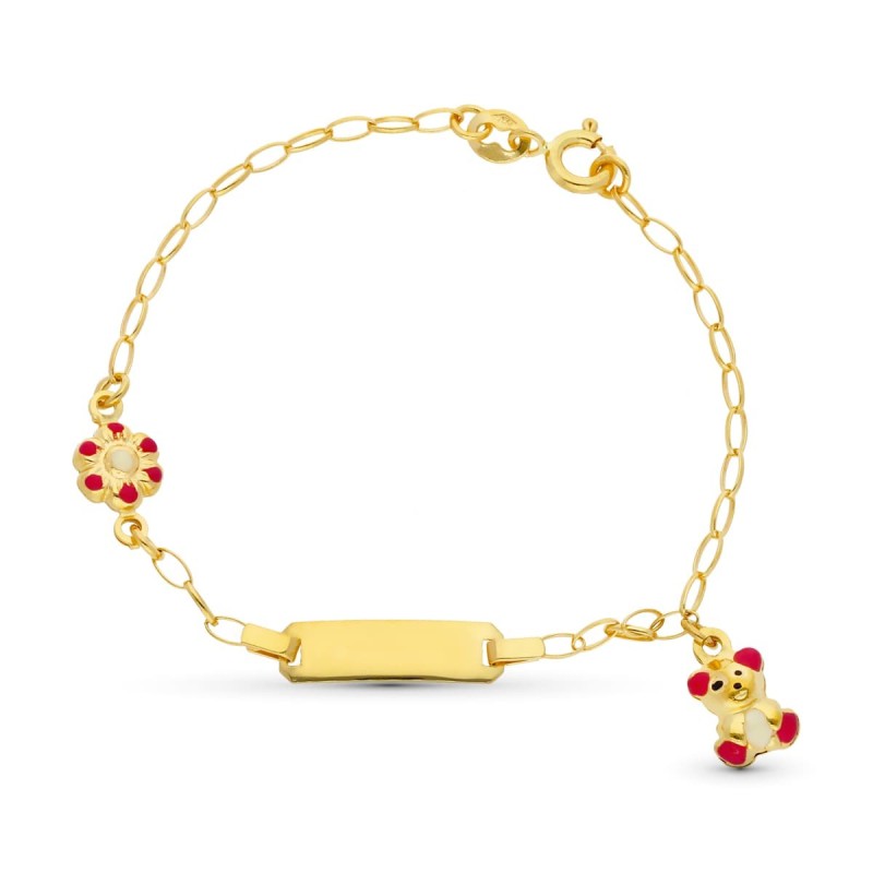 Esclava Oro Amarillo Oso Y Flor Esmalte 13Cm oro 18k
