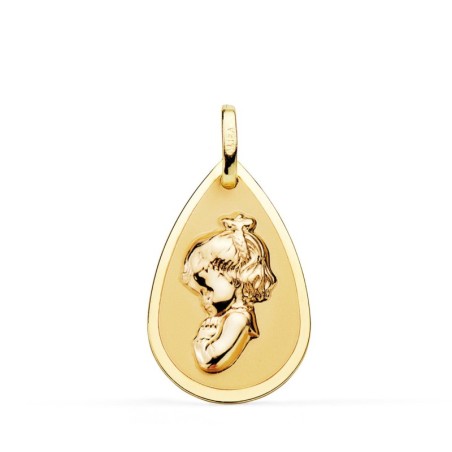 Medalla Oro Amarillo Virgen Niña Gota En Brillo Y Mate 23X15 Mm oro 18k