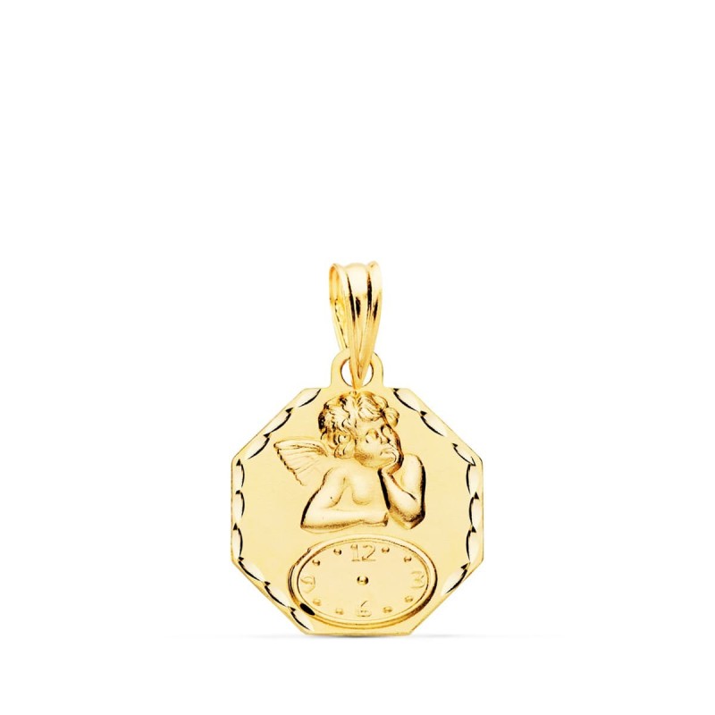 Medalla Oro Amarillo Octogonal Angelito Burlon Con Reloj Tallada 15X15 Mm oro 18k