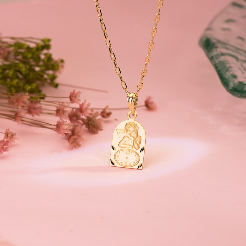 Medalla Oro Amarillo Arco Angelito Burol Con Reloj Tallada 18X11 Mm oro 18k