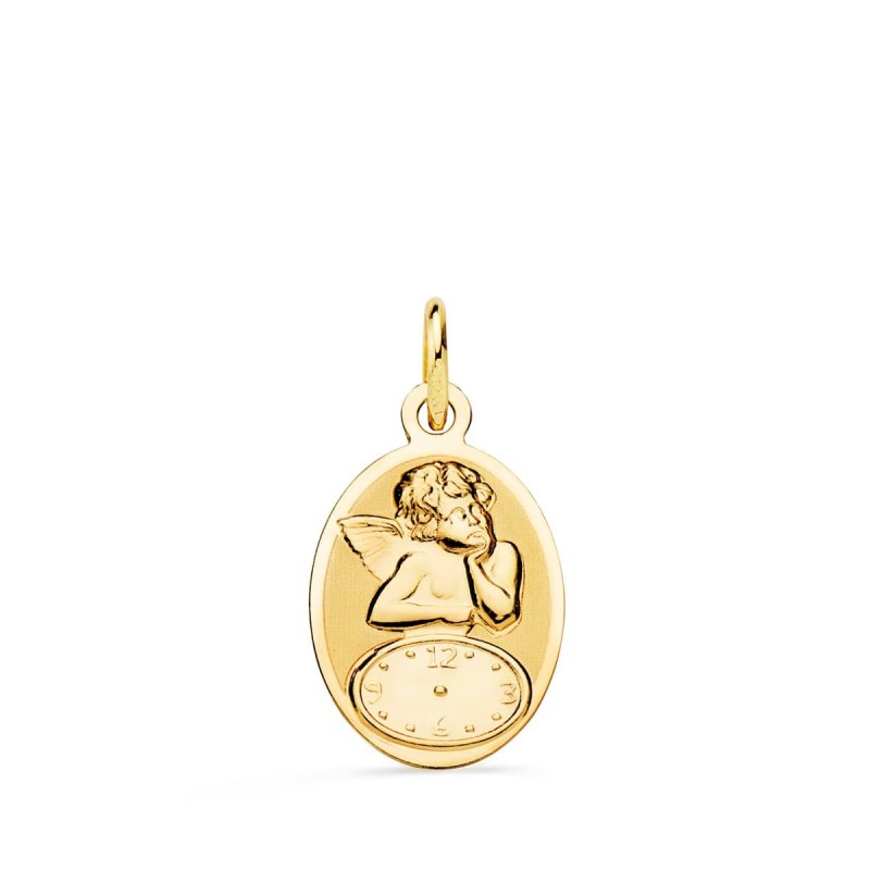 Medalla Oro Amarillo Oval Angelito Burlon Con Reloj Brillo Y Mate 19X12 Mm oro 18k