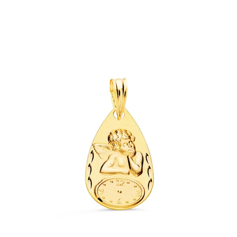 Medalla Oro Amarillo Gota Angelito Burlon Con Reloj Tallada 19X11 Mm oro 18k