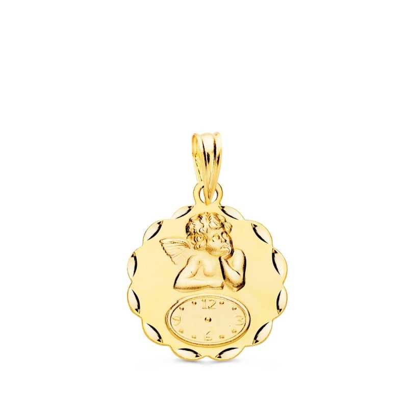 Medalla Oro Amarillo Redonda Angelito Burlon Con Reloj Tallada 16 Mm oro 18k
