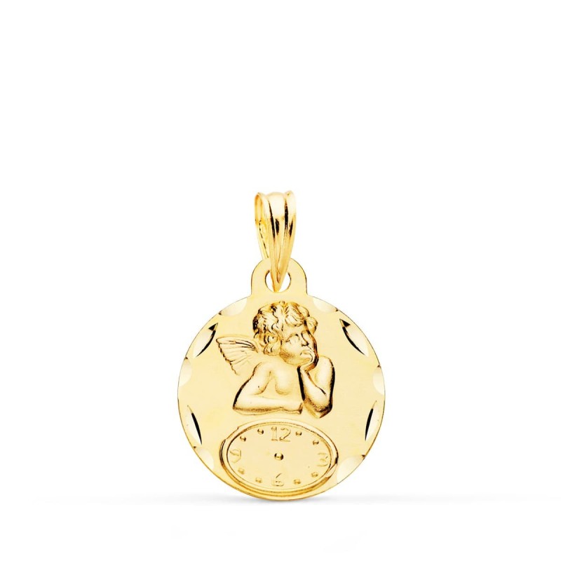 Medalla Oro Amarillo Redonda Angelito Burlon Con Reloj Tallada 15 Mm oro 18k