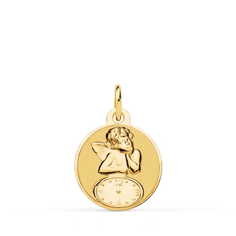 Medalla Oro Amarillo Redonda Angelito Burlon Con Reloj Brillo Y Mate 15 Mm oro 18k