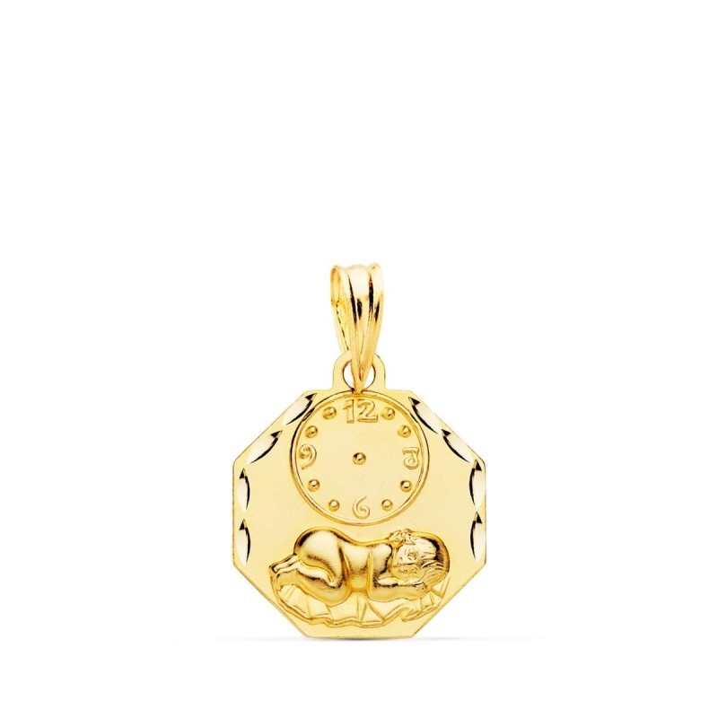 Medalla Oro Amarillo Octogonal Niño De La Hora Con Reloj Tallada 15X15 Mm oro 18k