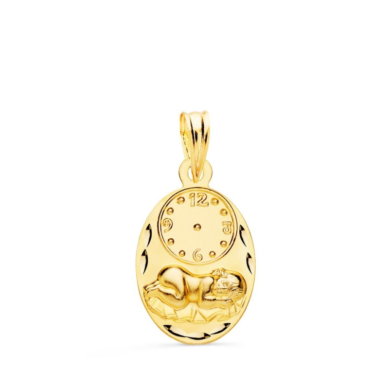 Medalla Oro Amarillo Oval Niño De La Hora Con Reloj Tallada 19X12 Mm oro 18k