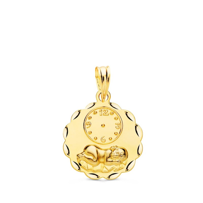 Medalla Oro Amarillo Redonda Niño De La Hora Con Reloj Tallada 16 Mm oro 18k
