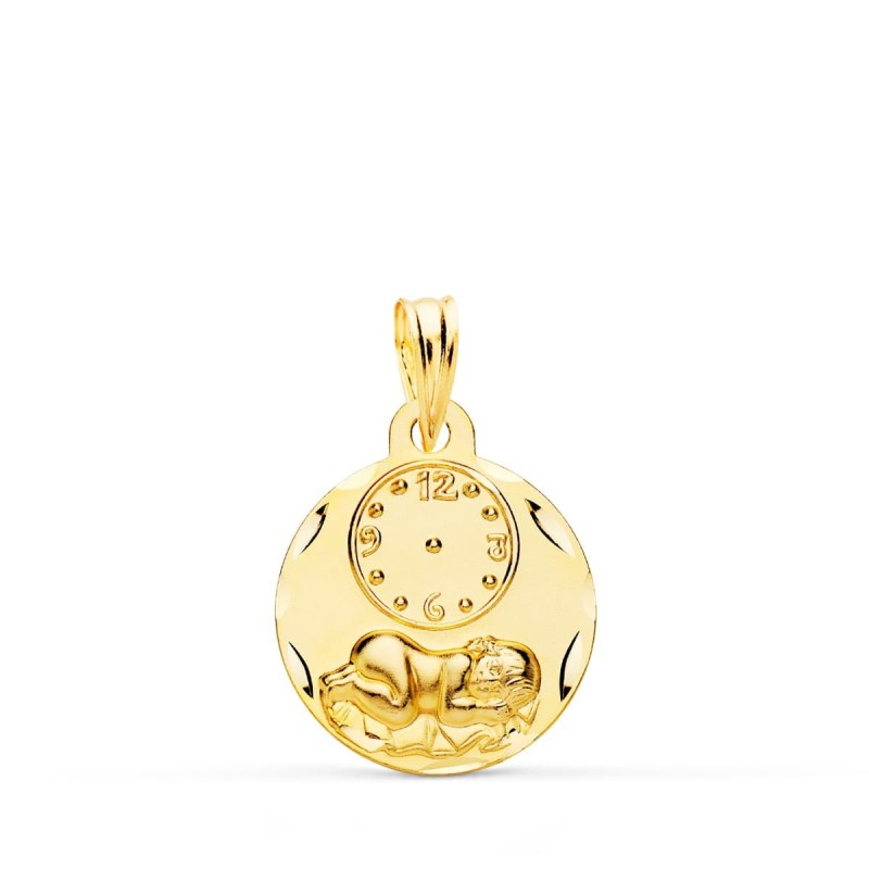 Medalla Oro Amarillo Redonda Niño De La Hora Con Reloj Tallada 15 Mm oro 18k
