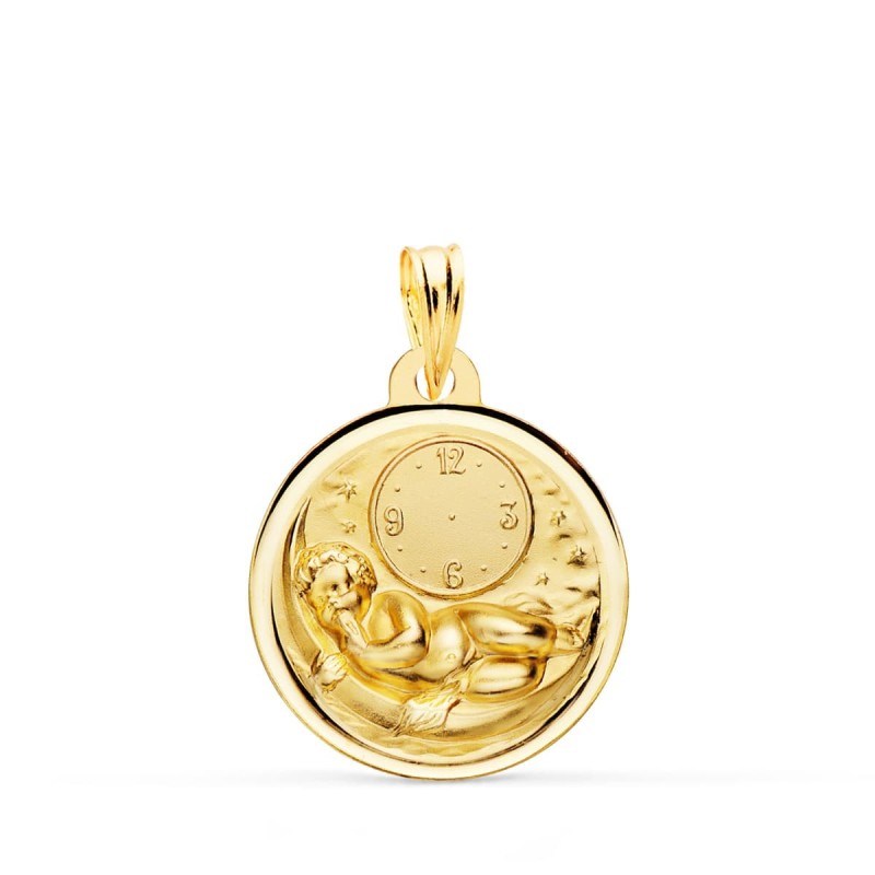Medalla Oro Amarillo Niño De La Hora Sobre Luna Con Reloj En Bisel 18 Mm oro 18k