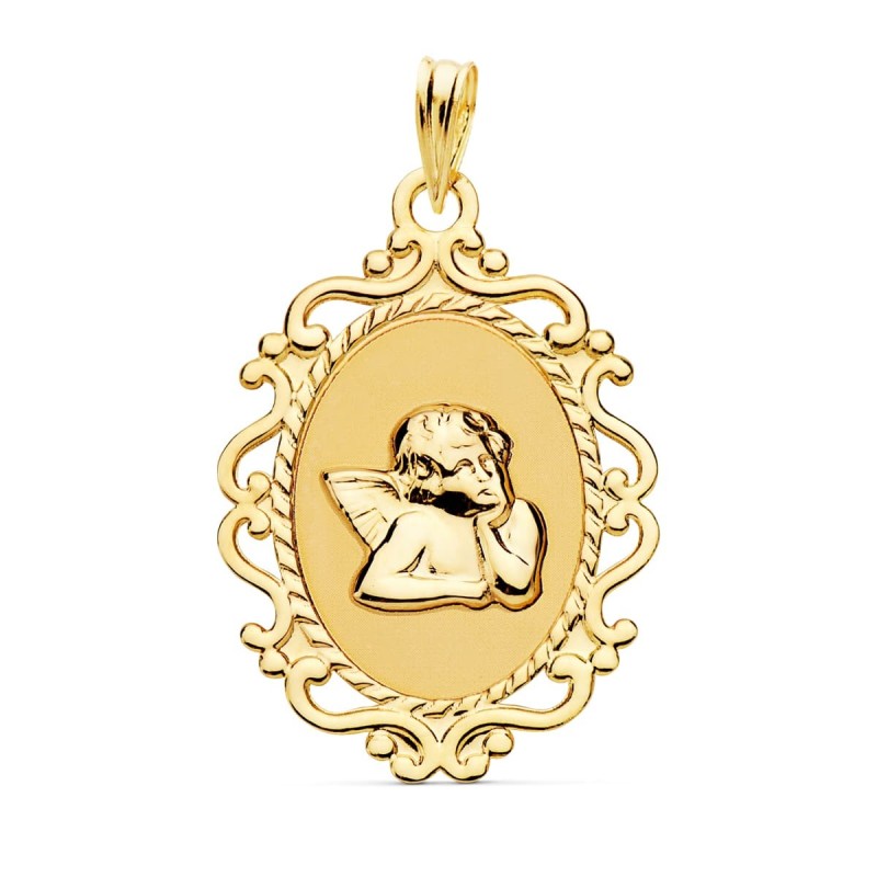 Medalla Oro Amarillo Angel Burlon Brillo Y Cerco Calado 23X16 Mm oro 18k