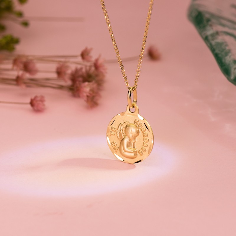 Medalla Oro Amarillo Tallada Angel " Yo Te Guardare " 14 Mm oro 18k