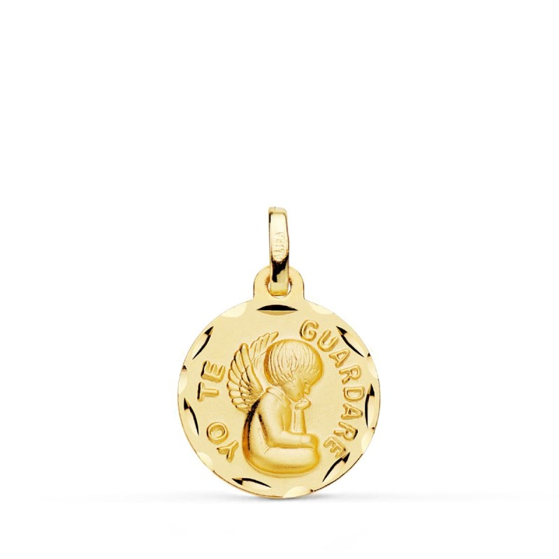 Medalla Oro Amarillo Tallada Angel " Yo Te Guardare " 16 Mm oro 18k